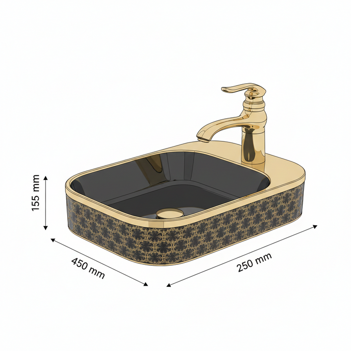 Bassino Compact Designer Wash Basin  – 17.5 × 10 × 6 Inches | Black Gold Finish