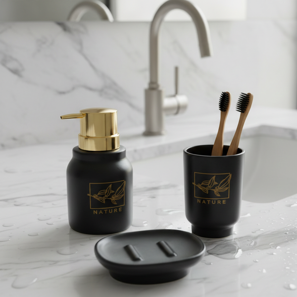 Ceramic 3-Piece Bathroom Accessory Set – Premium Gold Print Series Black