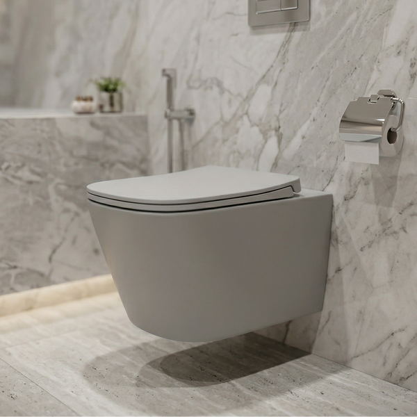 Bassino Full Matt Grey Wall Hung Toilet – Rimless WC with UF Seat Cover | 20.5 x 13.5 x 14.2 Inches