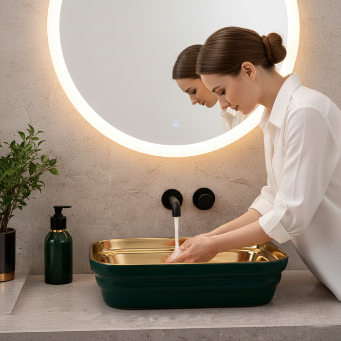 Woman washing hands under a green sink with a round mirror and plant in the background