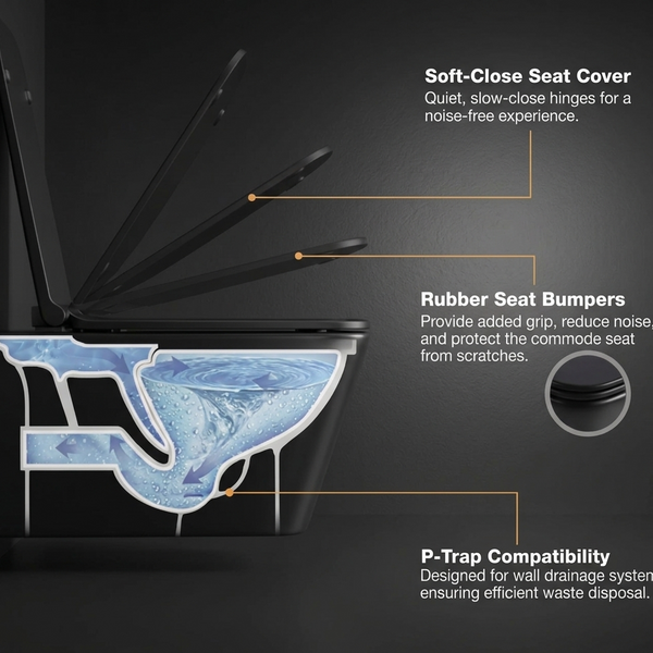 Bassino Full Matt Black Wall Hung Toilet – Rimless WC with UF Seat Cover | 20.5 x 13.5 x 14 Inches