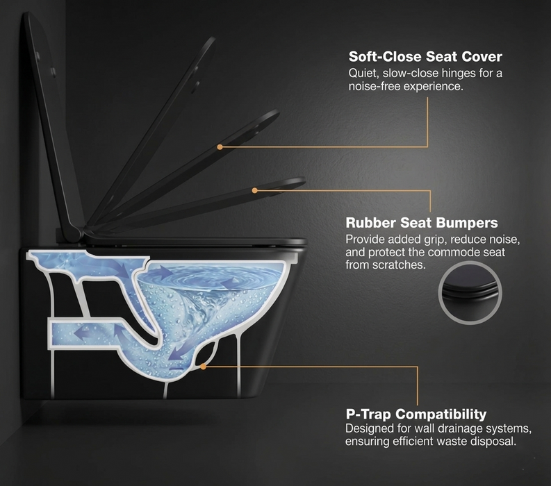 Bassino Full Matt Black Wall Hung Toilet – Rimless WC with UF Seat Cover | 20.5 x 13.5 x 14 Inches