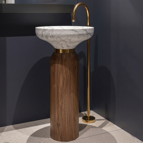 Dual Tone finish Pedestal Wash Basin | Luxury Artificial Stone Freestanding Basin - 17.5″ × 17.5″ × 34″ In White