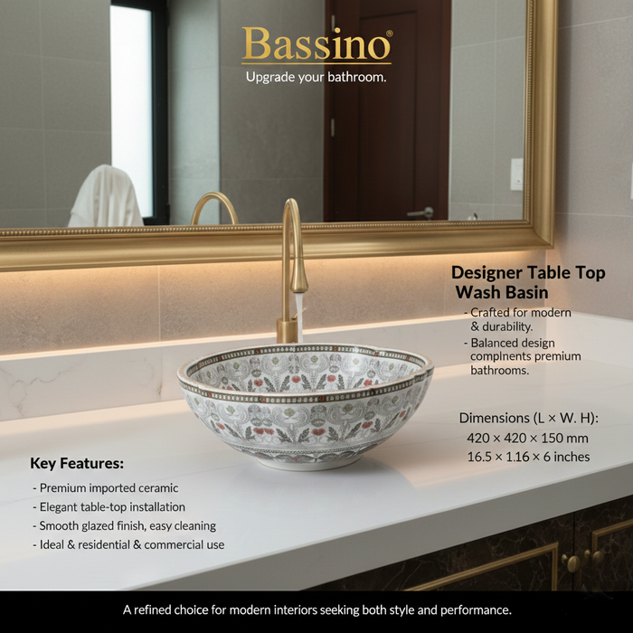 Bassino Designer Table Top Wash Basin– 16.5 × 16.5 × 6 Inches | Imported Luxury Basin