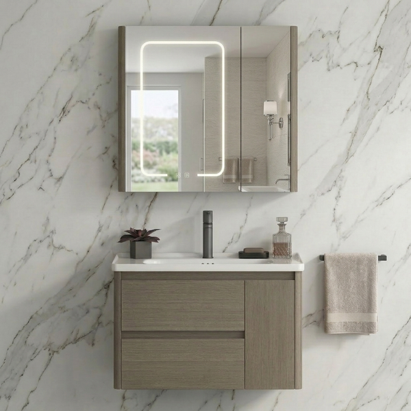 BASSINO Bathroom Vanity Cabinet Set – 32″ Carbon Fiber Vanity with Ceramic Basin & 31″ LED Mirror Cabinet