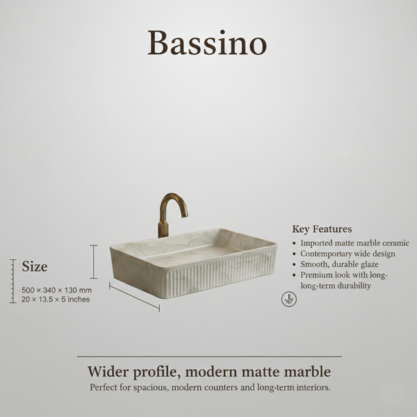 Bassino Glossy Marble Table Top Wash Basin 20 × 13.5 × 5 Inches | Imported Premium Basin BTT-11823