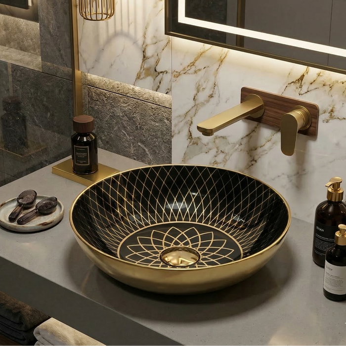 BASSINO Premium Moroccan Designer Obsidian Black/White & Gold Tabletop Basin (16x16x6 Inch)