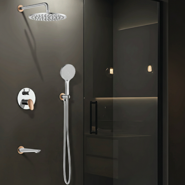 BASSINO Luxury Concealed Shower Set | Overhead Rain Shower with Hand Shower & Spout- 5 Years Warranty Chrome Rose Gold