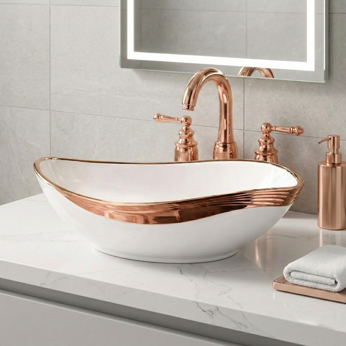 Bassino Luxury Counter Top Wash Basin in Gold & Rose Gold | Designer Table Top Basin | Approx. 20 × 14 × 6 Inches