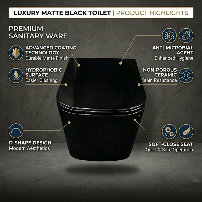 Bassino Wall Hung Toilet – Glossy Black | 20.5 x 13.5 x 14 Inches Modern WC