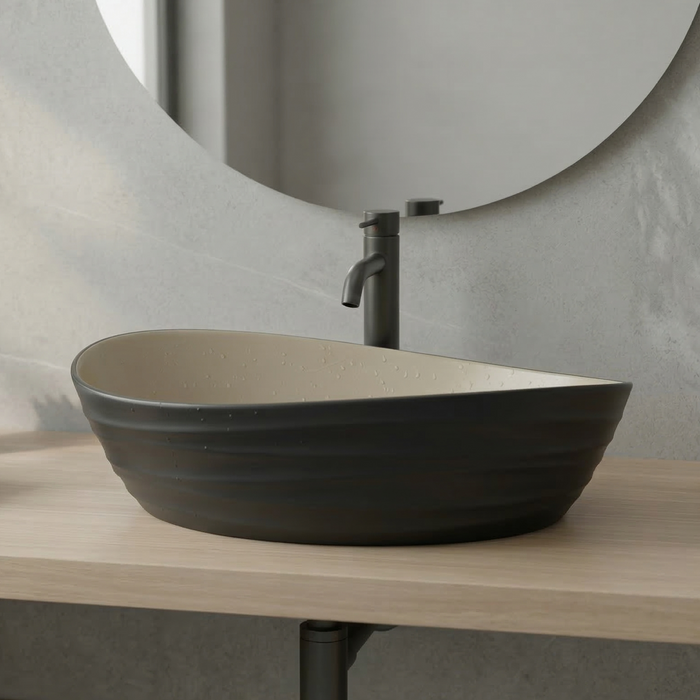 Premium Designer Ceramic Table Top Wash Basin, Dual Color Matt (22 x 14 x 6.5 In) Black