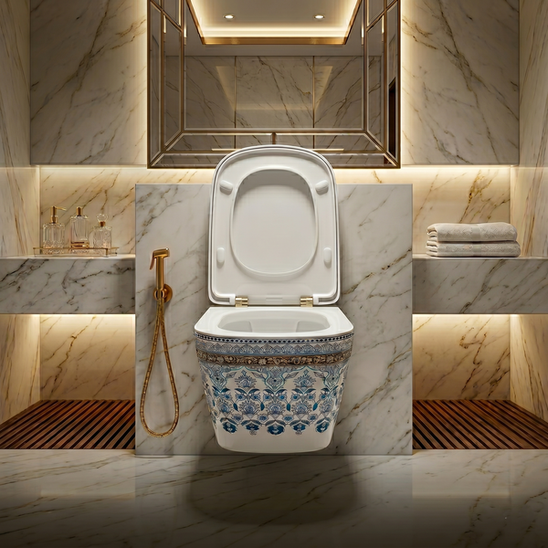 Bassino Wall Hung Toilet (21 x 13 x 14 Inches) – Designer Floral Pattern Finish | Luxury Wall Mounted WC