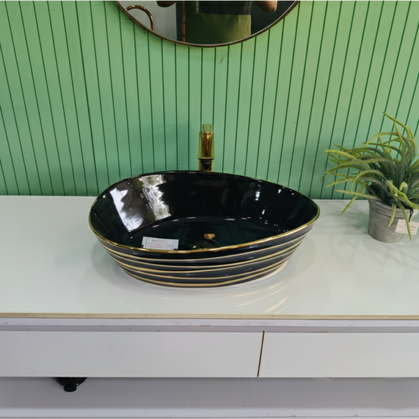 Premium Designer Ceramic Table Top Wash Basin, Black, Gold & Rose Gold Finish (22 x 14 x 6.5 In) Black