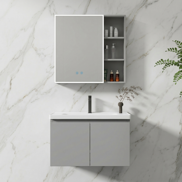 BASSINO Bathroom Vanity Cabinet Set – 32″ Wall Mounted Stainless Steel & Aluminum Vanity with Ceramic Basin & LED Mirror Cabinet