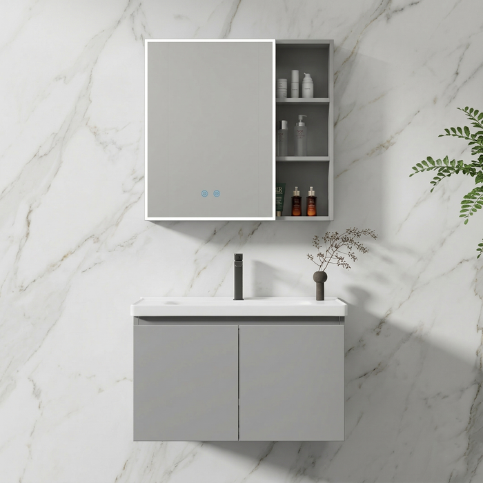 BASSINO Bathroom Vanity Cabinet Set – 32″ Wall Mounted Stainless Steel & Aluminum Vanity with Ceramic Basin & LED Mirror Cabinet