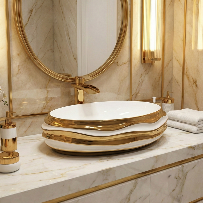 Luxury Oval Table Top Wash Basin | Glossy White Basin with Rose Gold Accents (22.05″×14.60″×6.10″ IN)