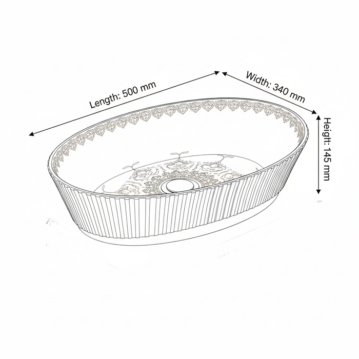 Luxury Oval Table Top Wash Basin – Glossy White with Rose Gold Pattern | Designer Bathroom Basin (20″ × 13″ × 6″ IN) BTT-11722