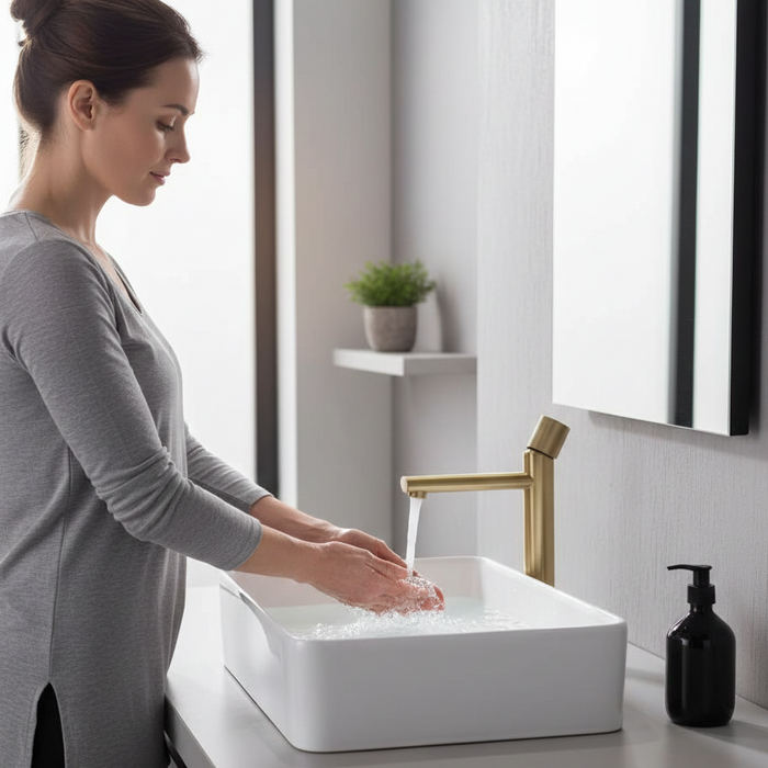 BASSINO Stylish Bathroom Faucet with Single Lever - Waterfall Bathroom Basin Faucet of Brass tap for Counter top/Table top Basin- Tap for Bathroom 12 Inches- Gold (Gold)