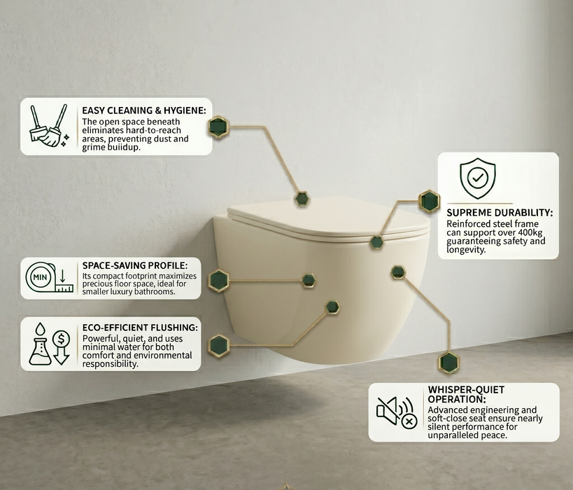 Bassino Wall Hung Toilet (21 x 13 x 14 Inches) – Matte Ivory Rimless WC with Tornado Flushing | Modern Designer Toilet