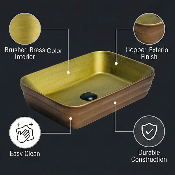 Antique Copper Designer Bathroom Sink Rectangular Countertop Wash Basin 20 × 14 × 5 Inches