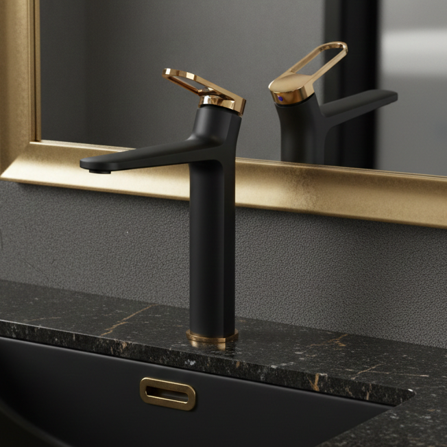 Premium Brass Tall Basin Mixer Tap – Black Rose Gold Finish Tall Size (NCGF 501) – 5 Years Warranty