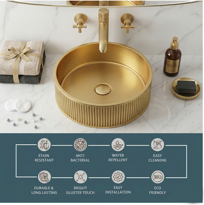 Bassino Modern Stainless Steel Wash Basin | Stylish Countertop Wash Basin for Bathroom–400x400x130 mm Gold