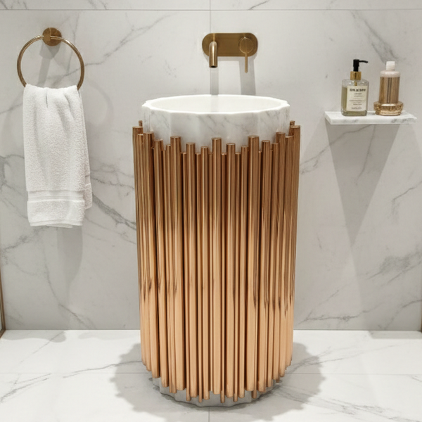 BASSINO Royal Fluted Black & Brushed Gold Pedestal Basin White