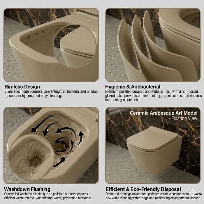 Bassino Wall Hung Toilet (21 x 13 x 14 Inches) – Matte Beige Rimless WC with Tornado Flushing | Modern Bathroom Toilet