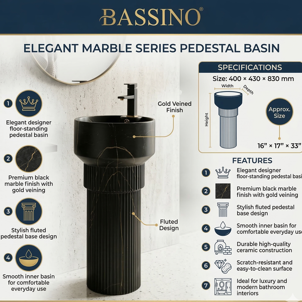 BASSINO Designer Pedestal Basin – 16″ x 17″ x 33″ In, Luxury Floor Standing Black Marble Finish Wash Basin