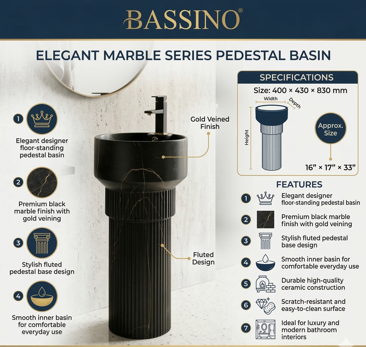 BASSINO Designer Pedestal Basin – 16″ x 17″ x 33″ In, Luxury Floor Standing Black Marble Finish Wash Basin