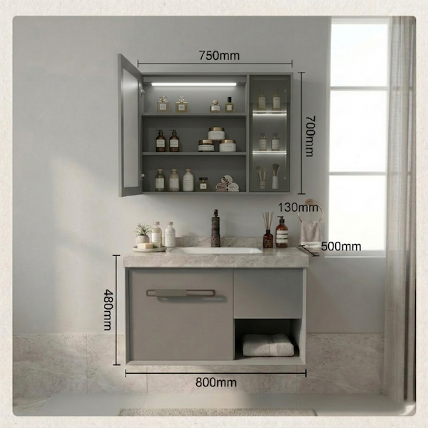 BASSINO Bathroom Vanity Cabinet Set – 32″ Plywood Vanity with Rock Slate Seamless Basin & 30″ LED Mirror Cabinet