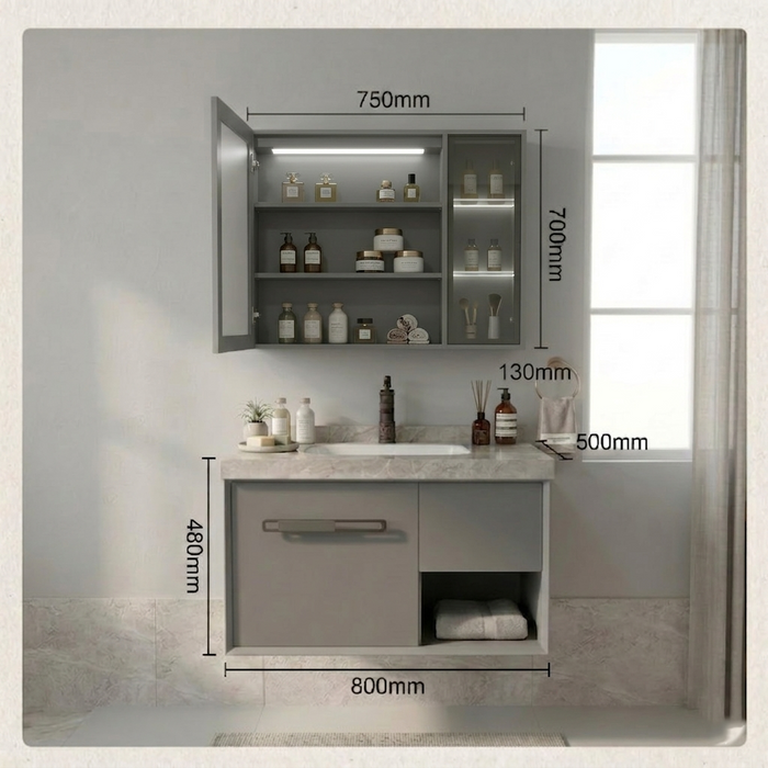 BASSINO Bathroom Vanity Cabinet Set – 32″ Plywood Vanity with Rock Slate Seamless Basin & 30″ LED Mirror Cabinet