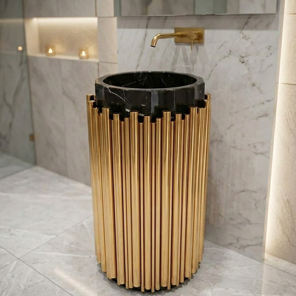BASSINO Royal Fluted Black & Brushed Gold Pedestal Basin Black