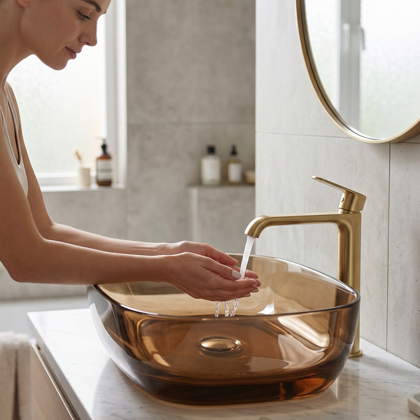 Bassino Modern Transparent Resin Wash Basin | Stylish Countertop Wash Basin for Bathroom–550x360x140 mm Brown