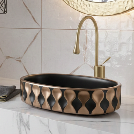 Premium Designer Ceramic Table Top Wash Basin, Black-Rosegold Matt (20 x 12.5 x 5.5 In) ZXTT/760