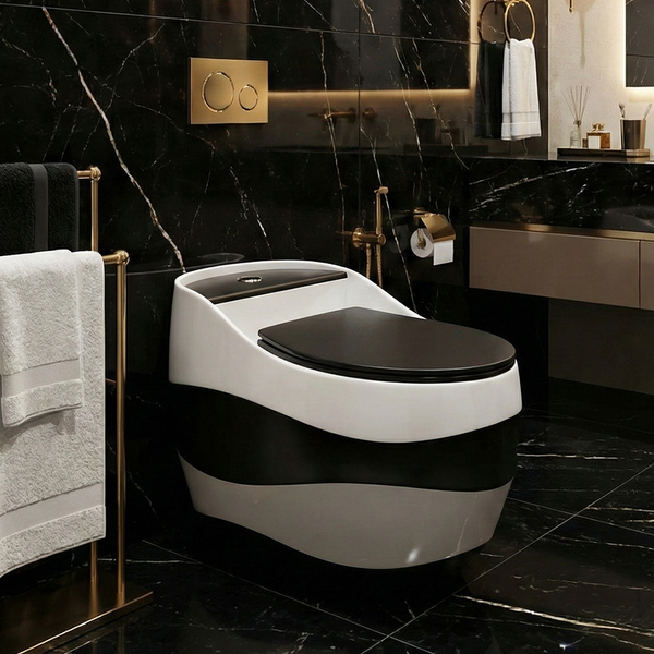 Luxury Designer One-Piece Western Toilet | Glossy + Matte Finish Floor Mounted WC | Approx. 26 × 18 × 24 Inches Black