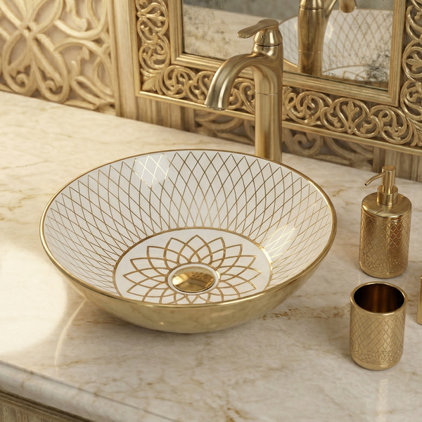 BASSINO Premium Moroccan Designer Obsidian White & Gold Tabletop Basin (16x16x6 Inch) White