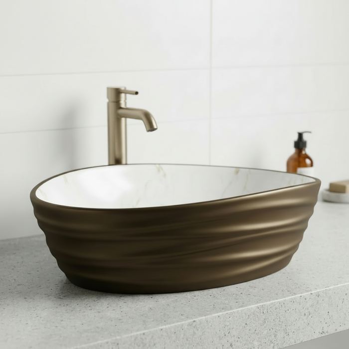 Premium Designer Ceramic Table Top Wash Basin, Dual Color Matt (22 x 14 x 6.5 In) Antique