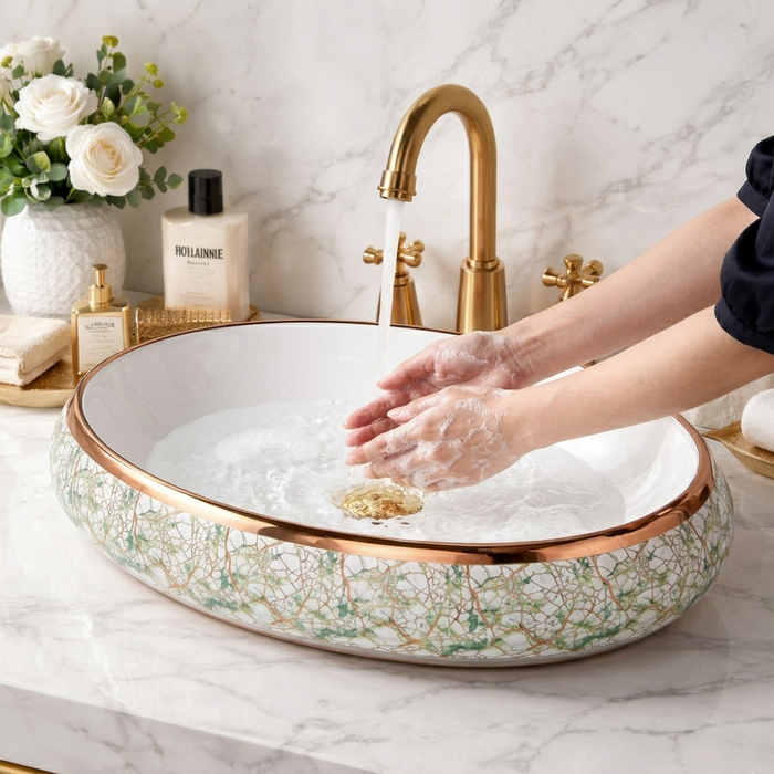 Premium Ceramic Wash Basin (Rose Gold Rim & Artistic Pattern 24 x 16 x 6 In - AB001)
