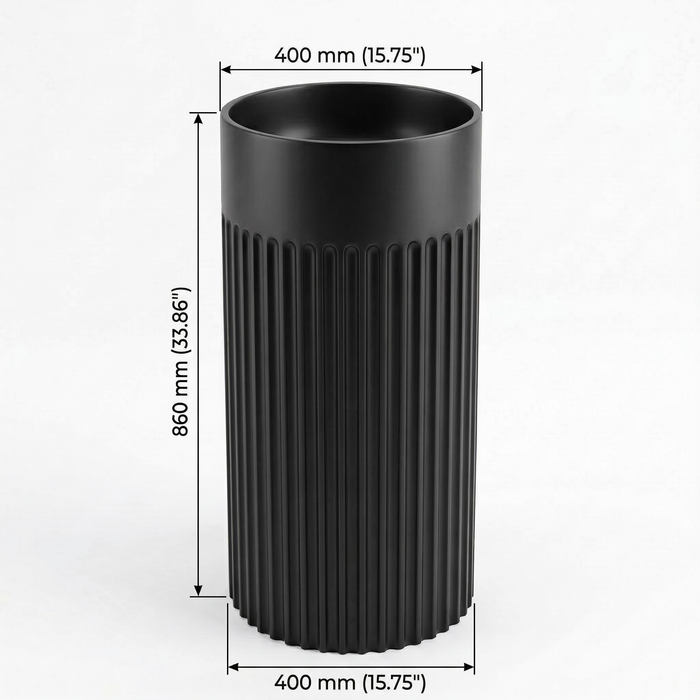 BASSINO Fluted Pedestal Basin – 16″ Matte Black Freestanding Designer Wash Basin
