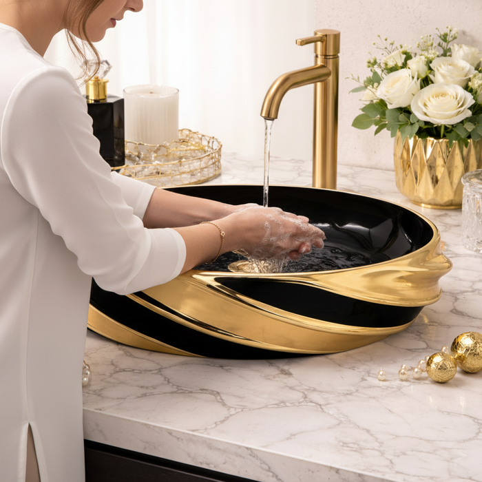 Luxury Oval Table Top Wash Basin | Black Glossy Basin with Rose Gold Accents (21″ × 13″ × 6″ IN)