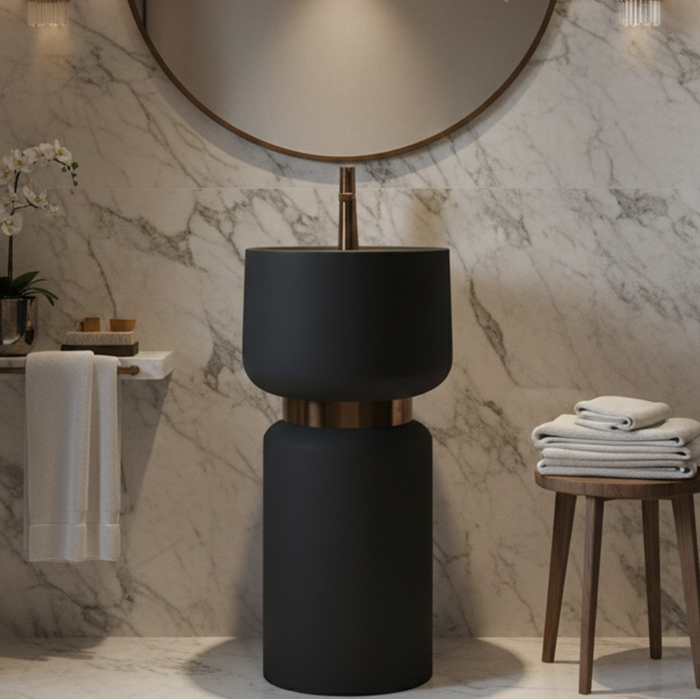 Artificial Stone Pedestal Basin – Designer Floor Mounted Wash Basin with Tap Hole | 16x16x34 Inch Black