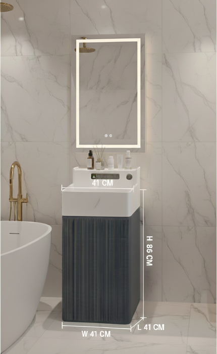 Bassino Artificial Stone Rectangle Pedestal Basin – White Marble & Blue Wooden Texture | 41×41×86 cm (16×16×34 Inch)