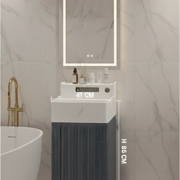 Bassino Artificial Stone Rectangle Pedestal Basin – White Marble & Blue Wooden Texture | 41×41×86 cm (16×16×34 Inch)