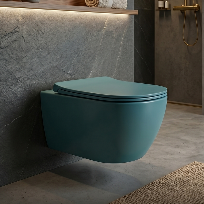 Bassino Wall Hung Toilet (21 x 13 x 14 Inches) – Matte Green Rimless WC with Tornado Flushing | Modern Designer Toilet