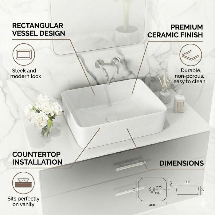 Luxury Modern Ceramic White Rectangular Table Top Basin (BOLT 16") (400x300x120mm)