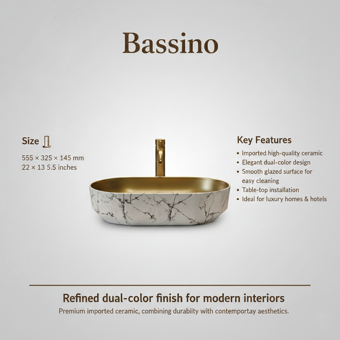 Bassino Designer Table Top Wash Basin 22 × 13 × 5.5 Inches | Dual Color Imported Basin