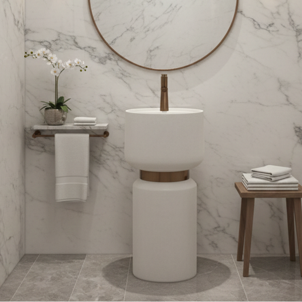 Artificial Stone Pedestal Basin – Designer Floor Mounted Wash Basin with Tap Hole | 16x16x34 Inch White
