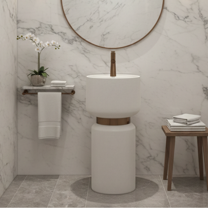 Artificial Stone Pedestal Basin – Designer Floor Mounted Wash Basin with Tap Hole | 16x16x34 Inch White