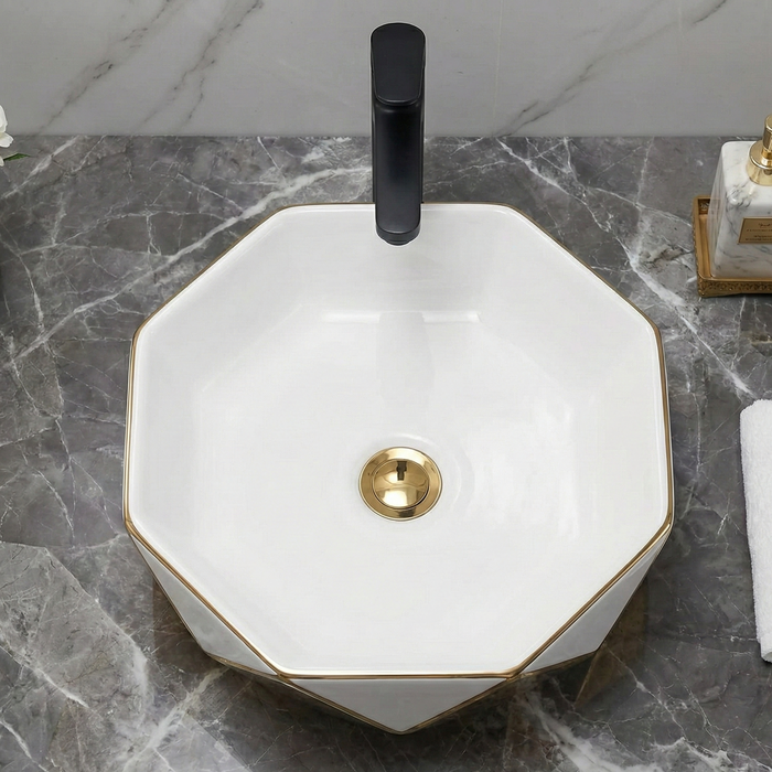 Premium Designer Ceramic Table Top Wash Basin, Gold & White Matt (16 x 16 x 5.5 In) EQP-1050